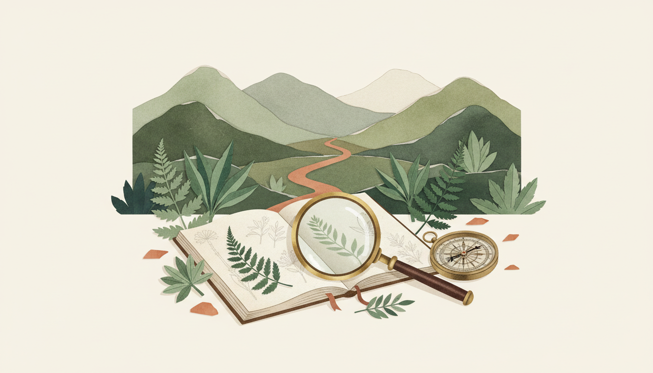 Editorial illustration of a botanical field notebook, compass and magnifying glass beside a tropical mountain landscape.