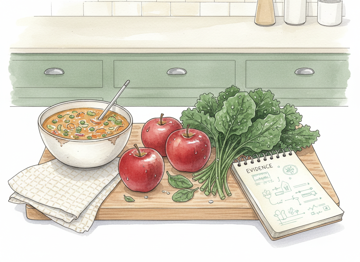 Illustration of cleaned produce, cooked food and a research notebook on a safe kitchen preparation surface.