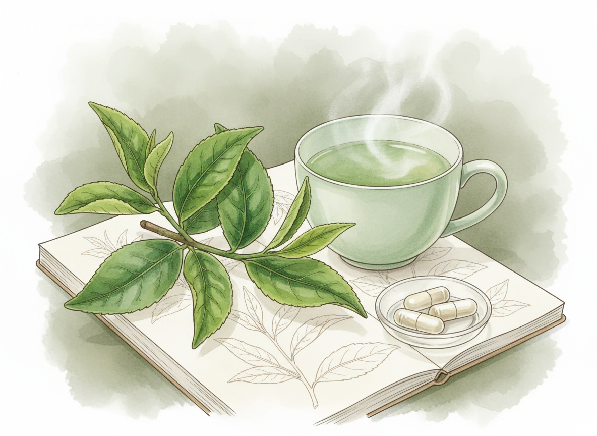 Botanical illustration of green tea leaves, brewed tea and plain extract capsules with an open research notebook.
