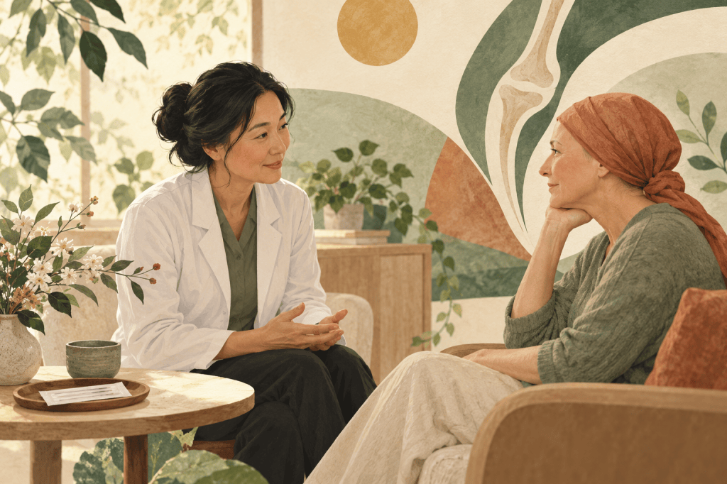 Editorial illustration in ivory, sage and terracotta. A clinician and patient discuss joint pain in a calm room, with sealed acupuncture needles on a side table.