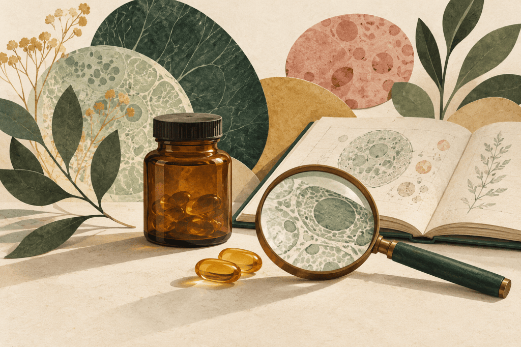 Editorial illustration in ivory, sage and terracotta. An amber supplement bottle, golden softgels and a magnifying glass beside an open evidence notebook.