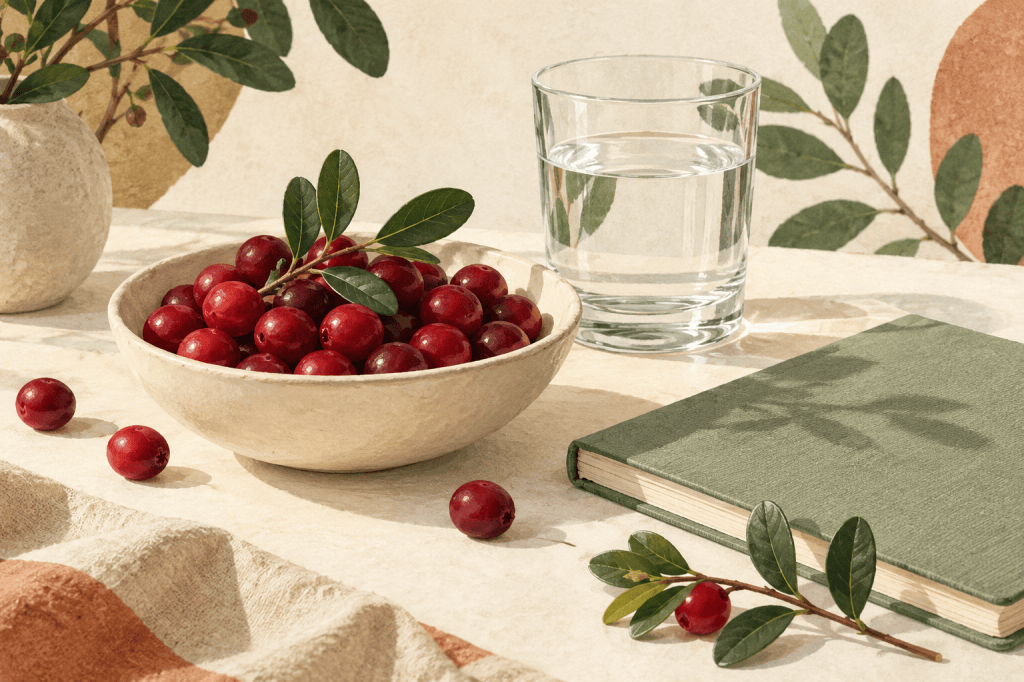 Editorial illustration in ivory, sage and terracotta. A bowl of cranberries with leaves, a glass of water and a sage notebook on an ivory tabletop.