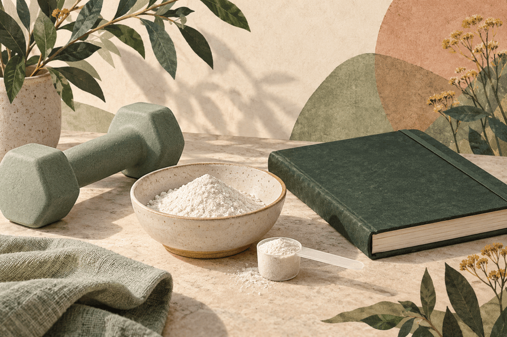 Editorial illustration in ivory, sage and terracotta. A ceramic dish of supplement powder, a scoop, a sage dumbbell and a closed research notebook.