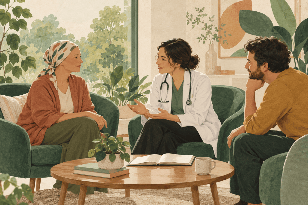 Editorial illustration in ivory, sage and terracotta. A patient and family member talk with a compassionate clinician in comfortable chairs.