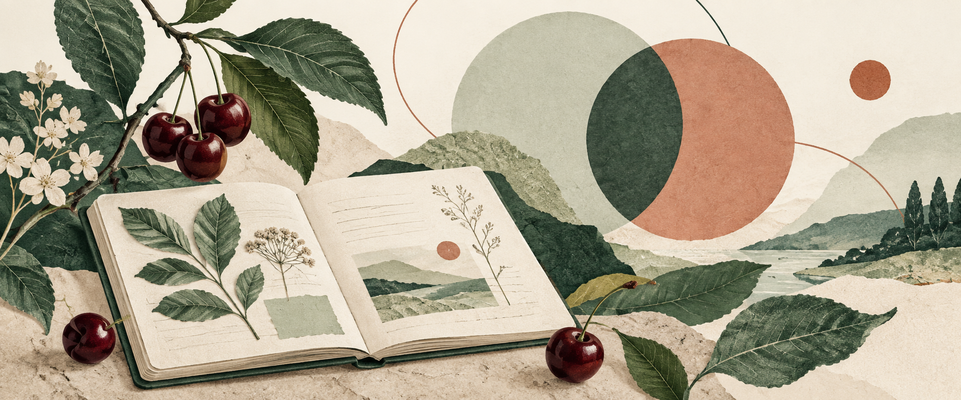 Editorial collage of a research notebook, botanical leaves and cherries.