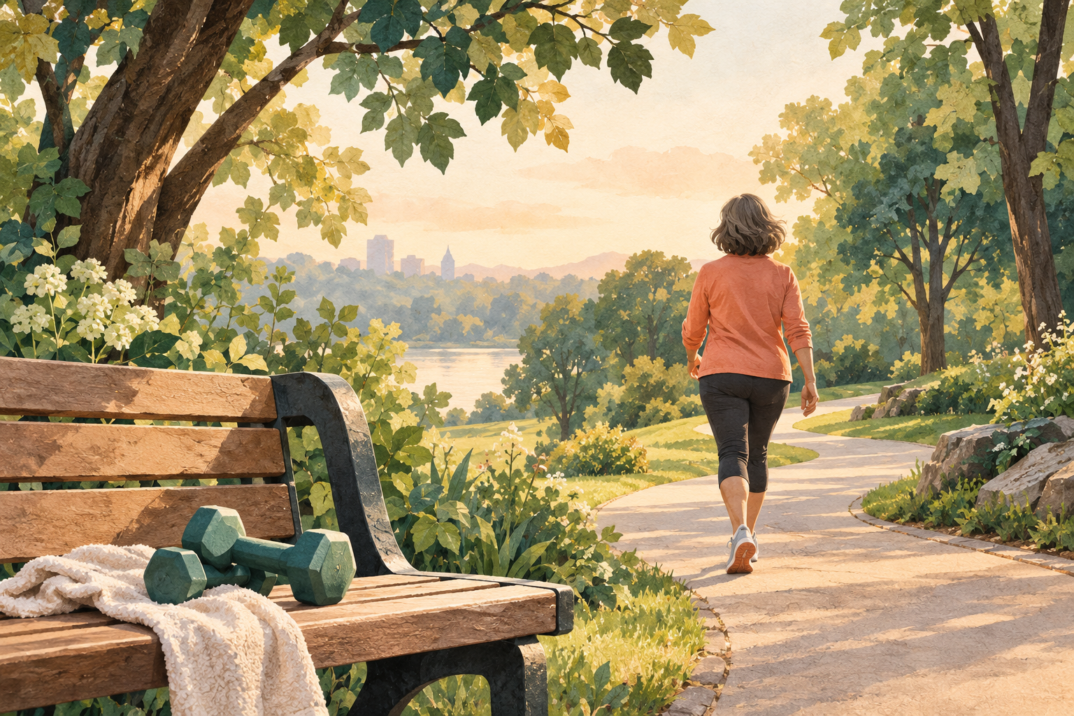 Editorial illustration of a person walking along a curving park trail beside a pair of light hand weights.