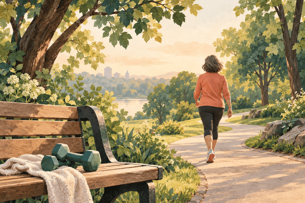 Editorial illustration of a person walking along a curving park trail beside a pair of light hand weights.