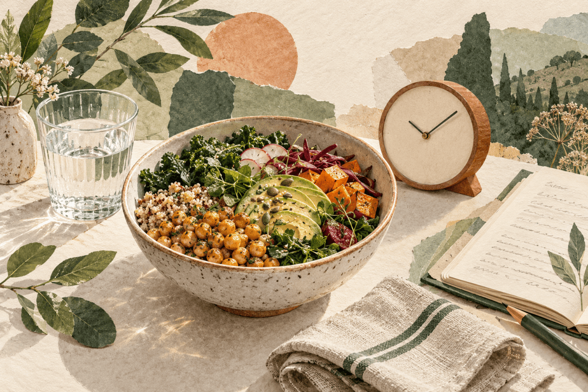 Editorial illustration of a plant-based meal, water, a clock and a research notebook.
