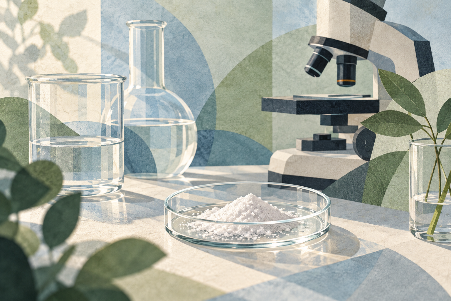 Editorial illustration of a laboratory dish containing white powder beside glassware and a microscope.