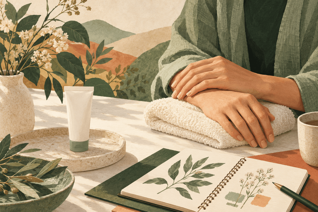 Editorial illustration in ivory, sage and terracotta. Relaxed hands resting on a soft towel beside a plain gel tube and notebook.