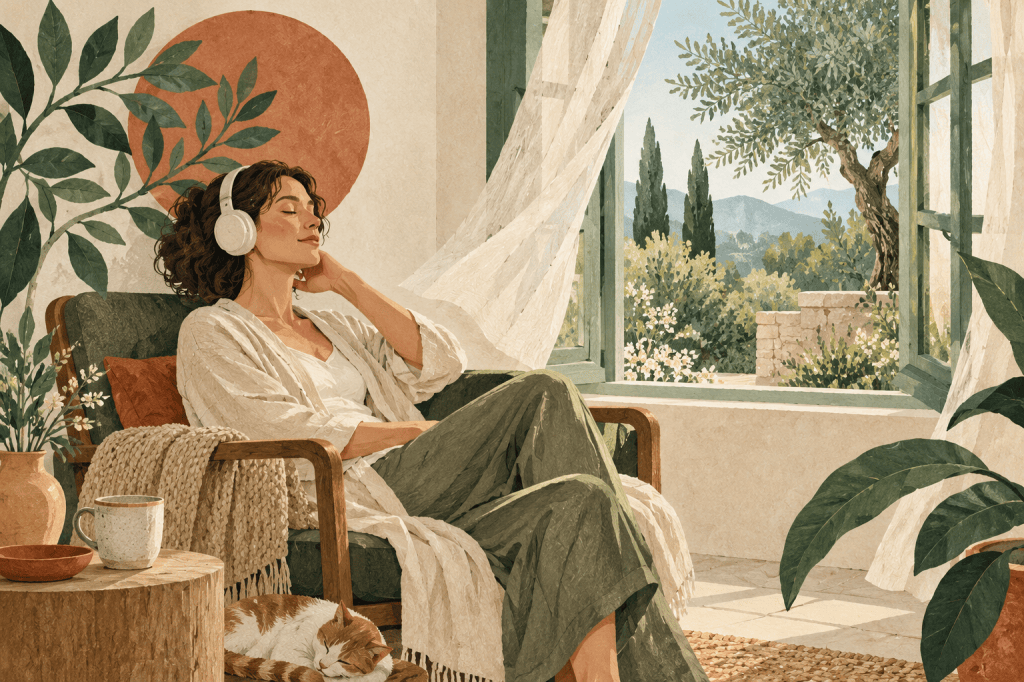 Editorial illustration in ivory, sage and terracotta. A woman relaxes with headphones beside an open window overlooking a garden.