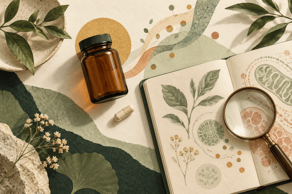 Editorial illustration in ivory, sage and terracotta. An amber supplement bottle and a single capsule beside a research notebook and magnifying glass.