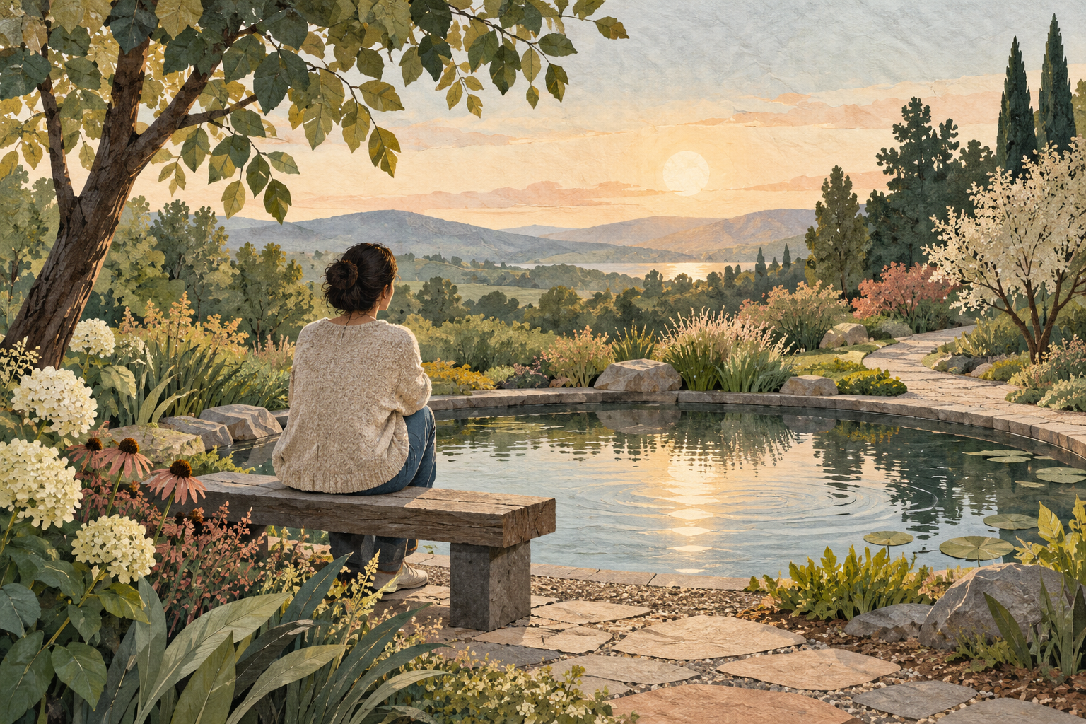 Editorial illustration of a seated figure beside expanding ripples in a quiet garden.
