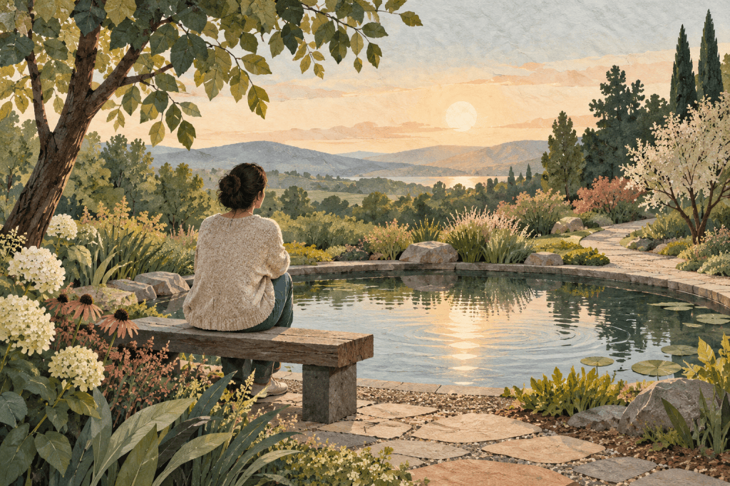 Editorial illustration of a seated figure beside expanding ripples in a quiet garden.