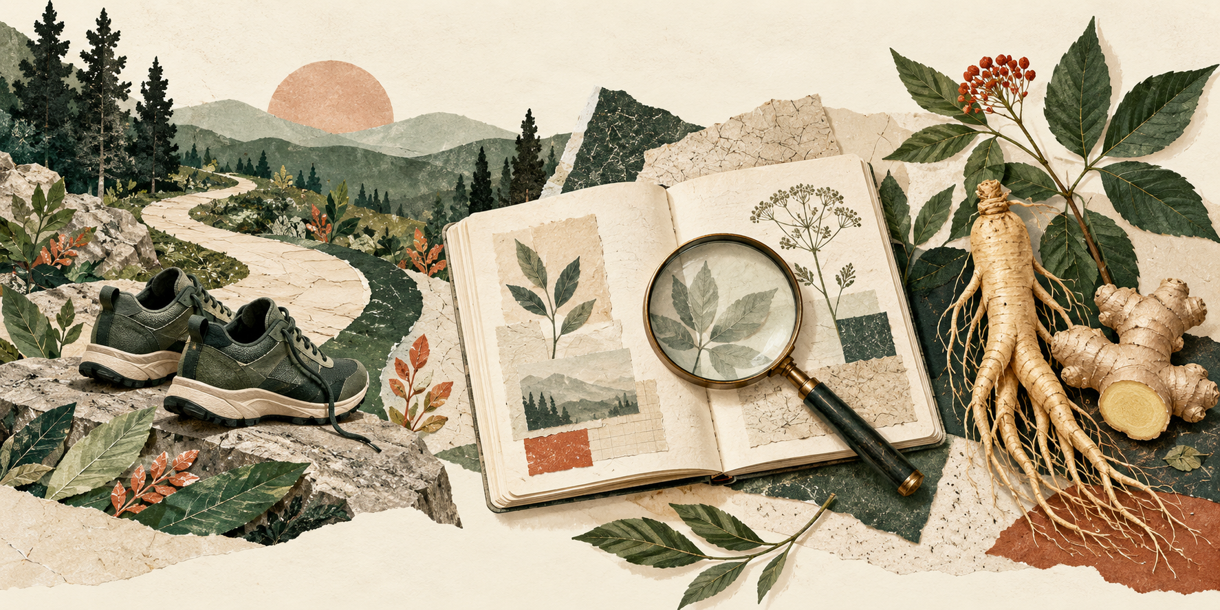 Editorial collage of walking shoes, a winding path, a research notebook, a magnifying glass and botanical roots.