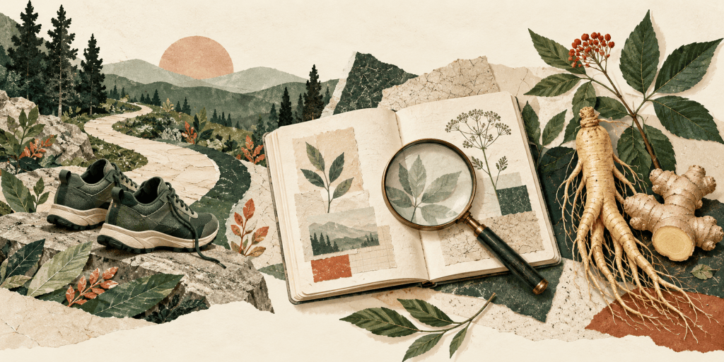 Editorial collage of walking shoes, a winding path, a research notebook, a magnifying glass and botanical roots.