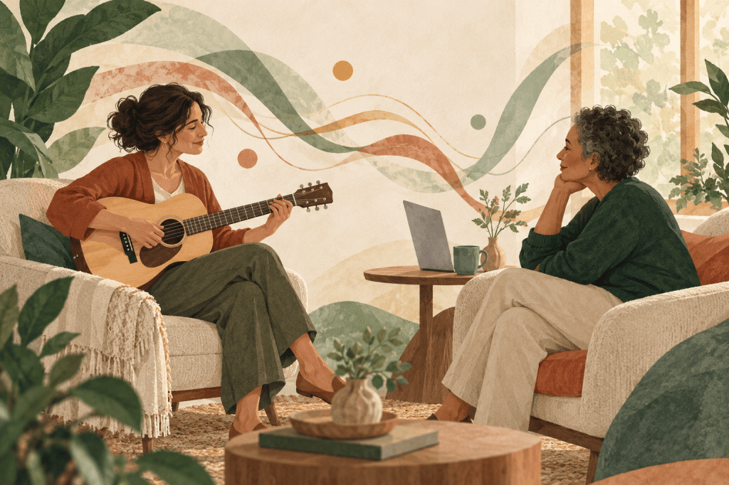 Editorial illustration in ivory, sage and terracotta. A therapist plays an acoustic guitar for an adult listener in a bright, calm room.