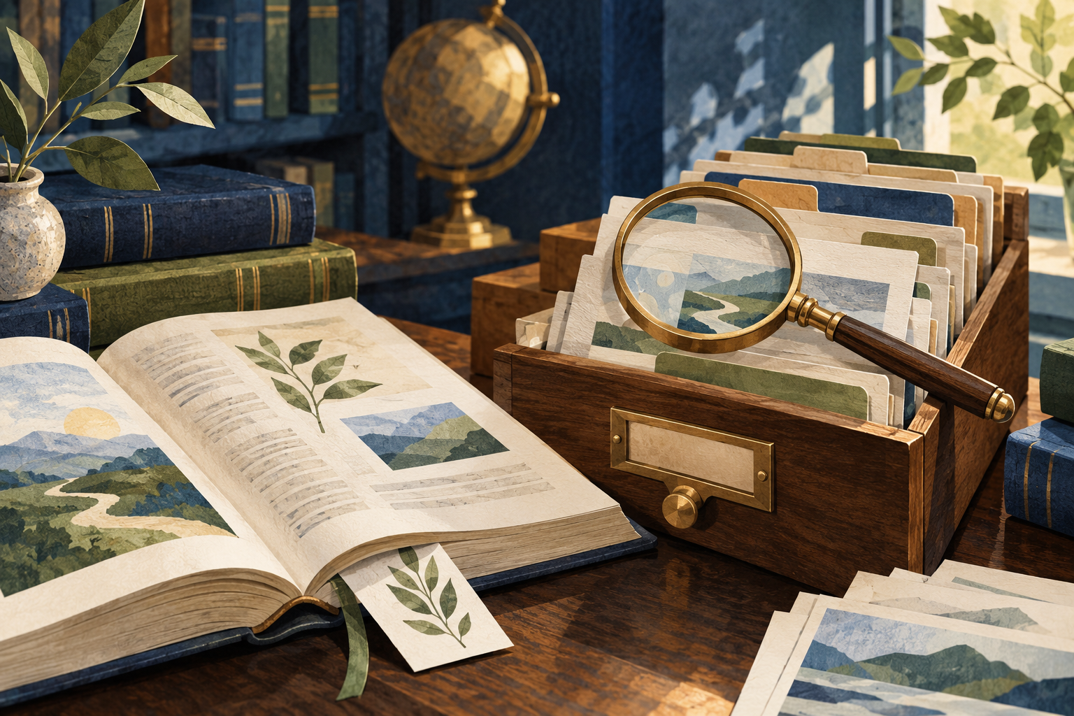 Editorial illustration of an open reference book, indexed research cards and a magnifying glass.