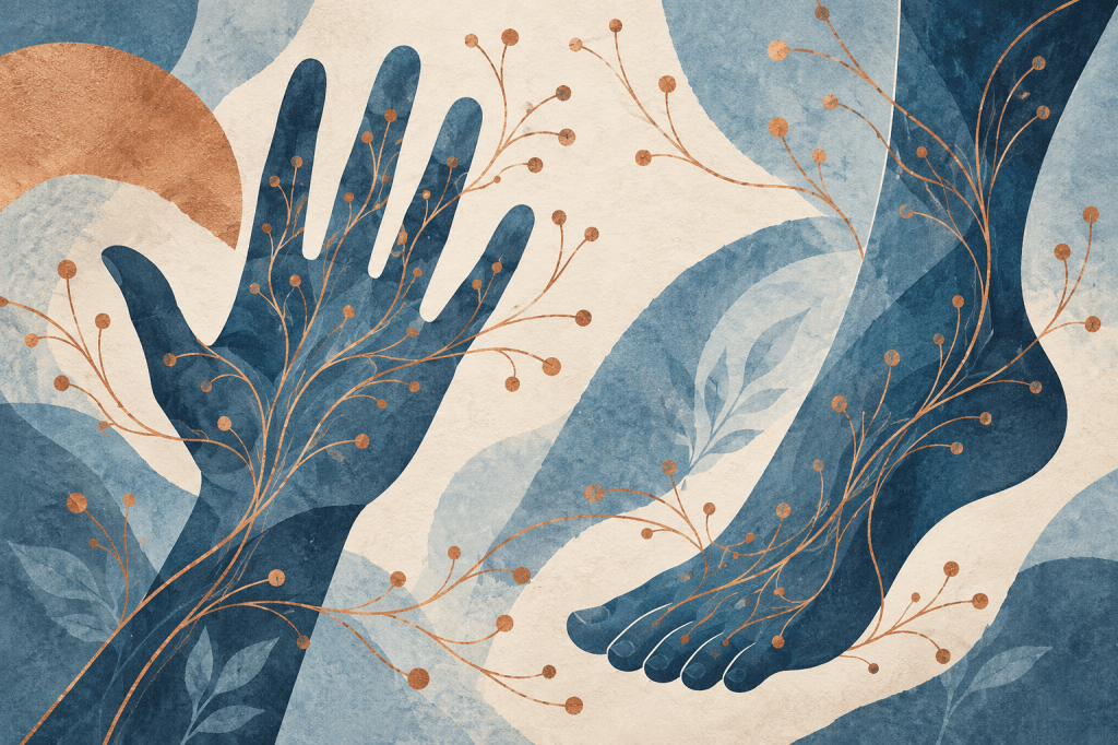 Conceptual editorial illustration of hands and feet surrounded by delicate branching lines and small dots.