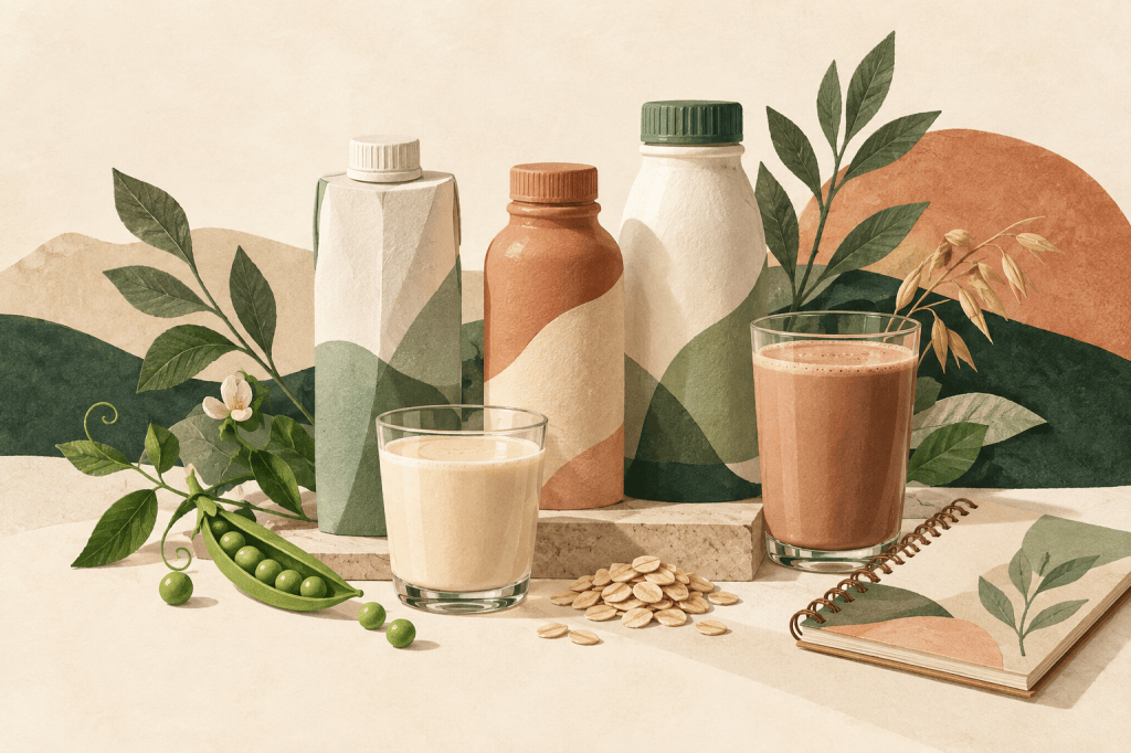 Editorial illustration of nutrition shake bottles, vanilla and cocoa drinks, peas, oats and a notebook in cream, sage and terracotta colors.