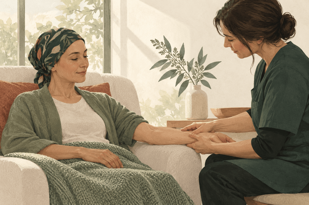 Editorial illustration of a patient receiving a gentle forearm massage in a calm, sunlit room, in ivory, sage and terracotta.