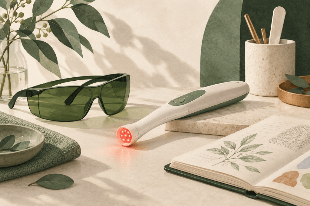 Editorial illustration in ivory, sage and terracotta. Conceptual light-therapy equipment, protective eyewear and a research notebook; not a depiction of a specific tested device.