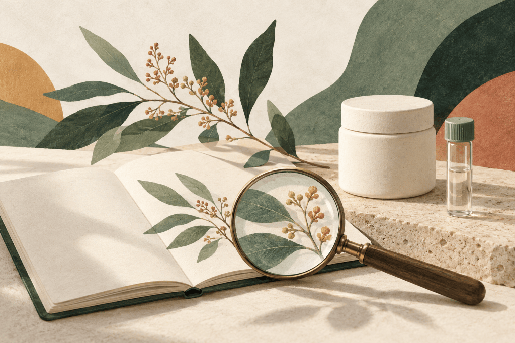 Editorial illustration in ivory, sage and terracotta. A plain supplement container and sample vial beside a notebook, magnifying glass and botanical branch.