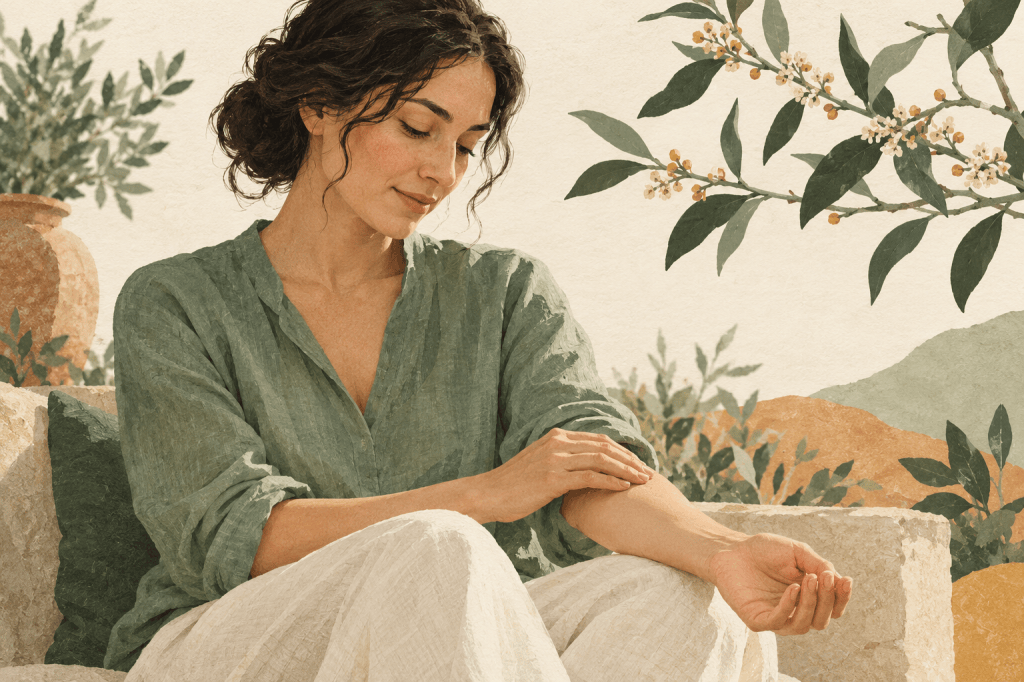 Editorial illustration in ivory, sage and terracotta. A seated woman gently touches her forearm with the opposite hand in a quiet garden setting.