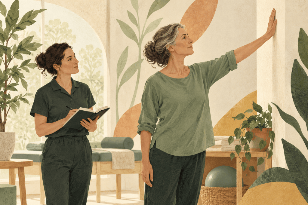 Editorial illustration in ivory, sage and terracotta. A woman gently raises one arm toward a wall while a physiotherapist observes her shoulder movement.
