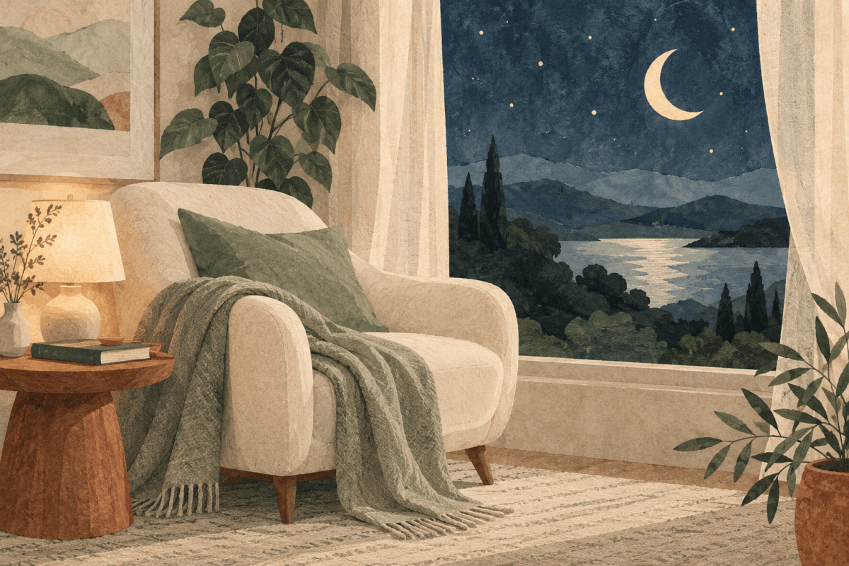 Editorial illustration of a quiet room, an armchair, a soft blanket and a moonlit window.