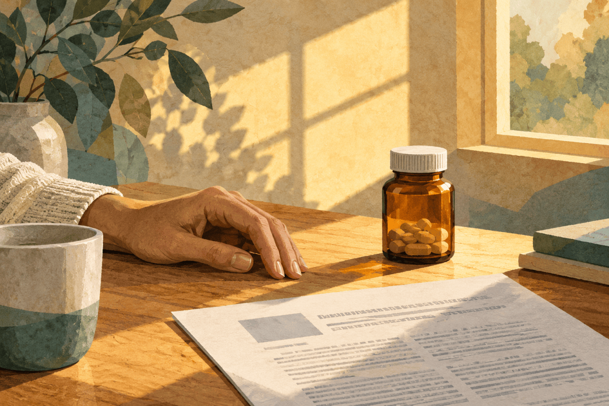 Editorial still life of an unbranded vitamin bottle, a sunlit window and a hand resting beside a research paper.