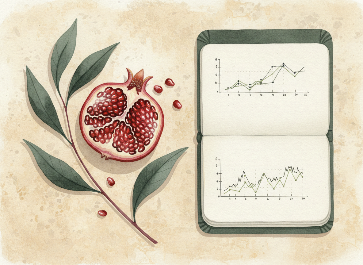 Illustration of sliced pomegranate, seeds, and an open research notebook with subtle clinical charts.